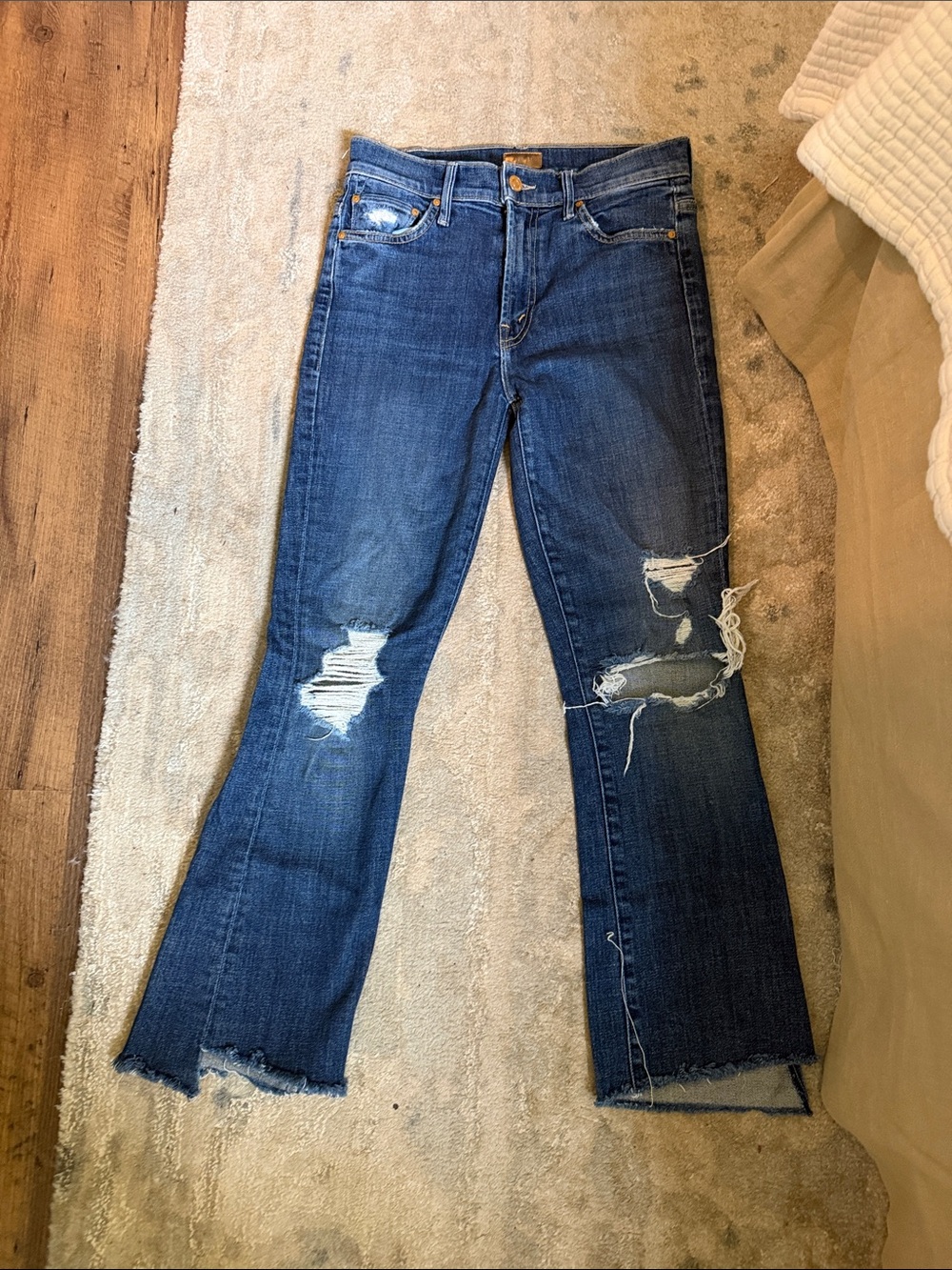 MOTHER Dark Blue Distressed High-Rise Flare Jeans